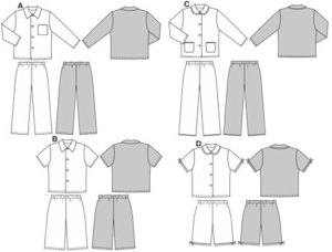 Pyjamas in normal width, with elastic waist casing on trousers/pants and button fastening/closure on jacket.
Views AC with long trousers/pants and long sleeves. Views BD with short trousers/pants and short sleeves.
With pointed collar for boys or with Peter Pan collar, prettily decorated with lace and ribbons for girls.