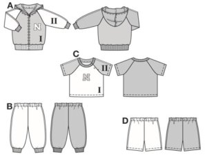 Comfortable ensemble for little rascals, pepped up with bands in contrasting colours and letters of the alphabet.
View A: hooded jacket with long raglan sleeves, waistband and sleeves gathered at wrists.
Long trousers/pants B with elastic waistband and drawstring at ankles.
Raglan shirt C, with press snap fastening/closure at side and neck, is suitable for hot weather.
Matching short trousers/pants D have an elastic waist casing.