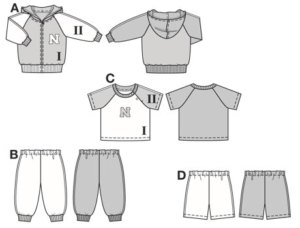 Comfortable ensemble for little rascals, pepped up with bands in contrasting colours and letters of the alphabet.
View A: hooded jacket with long raglan sleeves, waistband and sleeves gathered at wrists.
Long trousers/pants B with elastic waistband and drawstring at ankles.
Raglan shirt C, with press snap fastening/closure at side and neck, is suitable for hot weather.
Matching short trousers/pants D have an elastic waist casing.