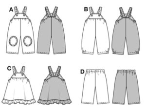 ABCD: very wide. Comfortable bibbed trousers/pants for tiny tots, some with Knee protectors, some with side elastic casing on hem of trousers/pants. Sweet bibbed skirt with ruffled hem. Simple elastic-casing trousers/pants for easy mixing and matching.