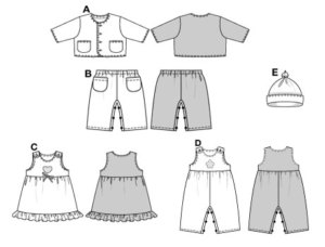 ABCD normal width.
A Jacket with umstochenen Edges, long sleeves and patch pockets.
B Trousers/pants with elastic waist casing, press-snap fastening/closure on crotch.
C Pinafore dress with gathered skirt and hem ruffle. D Bibbed trousers/pants with press-snap fastening/closure on crotch.
E Hat/cap with knotted top.