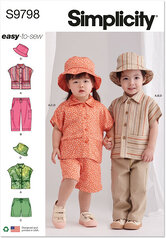 Toddlers top, pants, shorts and hat in three sizes. Simplicity 9798. 