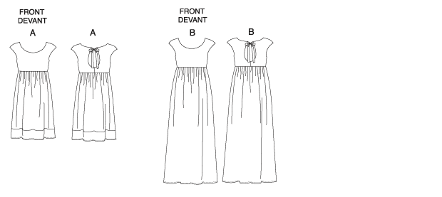 Loose-fitting, pullover dress has lined bodice with back ties and elastic casing. A: contrast bodice, ties and hem band, 4" above mid-knee. B: 1" below ankle.
NOTIONS: 11/4 yds. of 1/4" Wide Elastic.