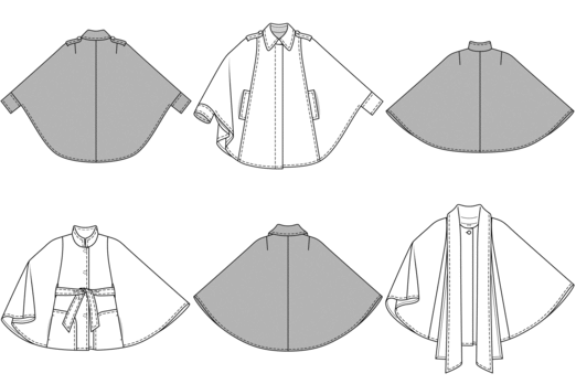 Capes are celebrating a comeback. Here are three interesting variations for every taste. Cape A has shoulder tabs, in-seam, welted pockets, and sleeve bands for sporty appeal. Cape B has a standing collar and pretty patch pockets with side openings. A belt is run through side slits to cinch it to your waist. Cape C has a classic form with a casual shawl which is sewn to the back neck edge.