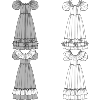 This is what ladies of the Biedermeier period wore for a promenade through the park or along the boulevards. The fitted bodice with shallow neckline, the full sleeves, and the gathered, floor-length skirt are all typical for this era. Dress A, with ribbon trim and delightful fabric roses is embellished with draped chiffon along the neckline. Dress B features wide lace trim at neck and hem.