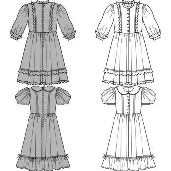 Two Biedermeier-style dresses, both with fitted bodice, full skirt, and typical details of that fashion period. Choose between the dress, view A, with ¾-sleeves and rounded neckline with lace ruffle, and the longer dress, view B, with hem ruffle, short, puffed sleeves, and rounded collar. Both styles are prettily decorated with ribbons.