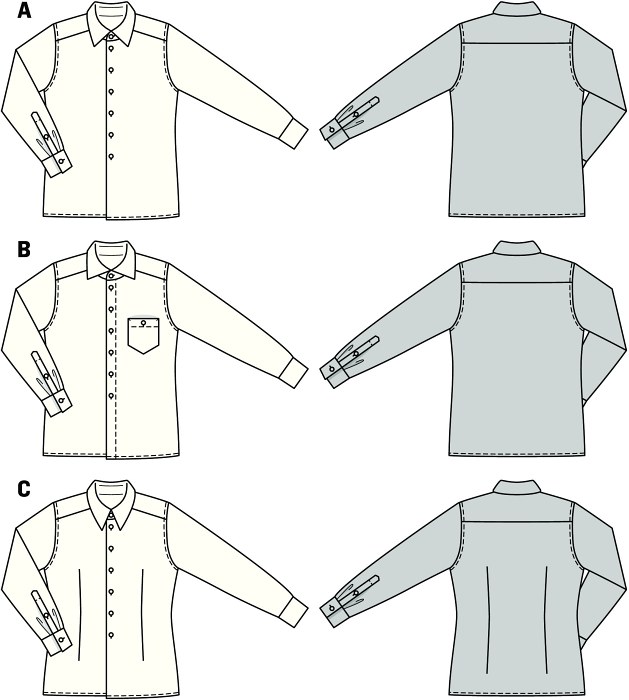 Hip shirts for office and leisure time. A and B moderately wide cut, C fit to the figure with darts. The collars make all the difference, you can choose between a Windsor collar, a shark collar and a button-down collar.