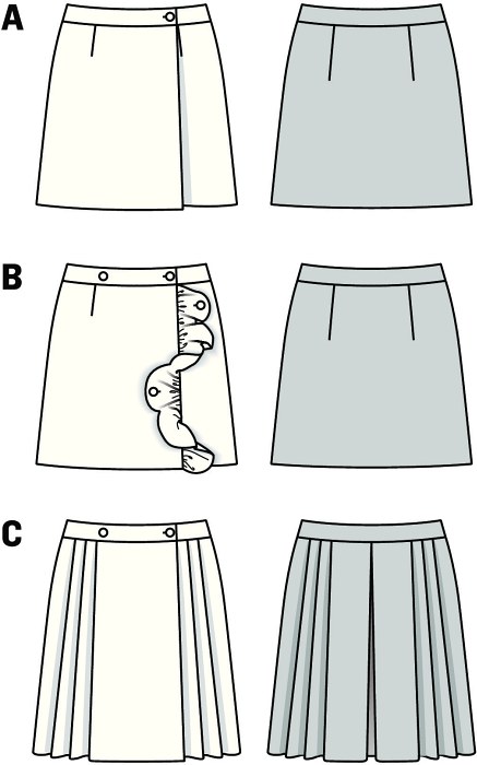 Cute, short wrap-around skirts for easy-going summer days. Made today to be worn tomorrow. Skirt A: fine silhouette. B: adorned with an interesting frill, fold down and buttoned onto the gore. View C with pleats, like a kilt, but made of softly flowing, lightweight summer wear fabrics. Cute, short wrap-around skirts for easy-going summer days. Made today to be worn tomorrow. Skirt A: fine silhouette. B: adorned with an interesting frill, fold down and buttoned onto the gore. View C with pleats, like a kilt, but made of softly flowing, lightweight summer wear fabrics.