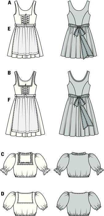 Smart dirndl dresses, showing the characteristics of their kind: bodice with square décolleté and fancy lacing, gathered, wide skirts (A short, B covering the knee), matched with the short dirndl blouses with puff sleeves. The aprons complete the look. Smart dirndl dresses, showing the characteristics of their kind: bodice with square décolleté and fancy lacing, gathered, wide skirts (A short, B covering the knee), matched with the short dirndl blouses with puff sleeves. The aprons complete the look.