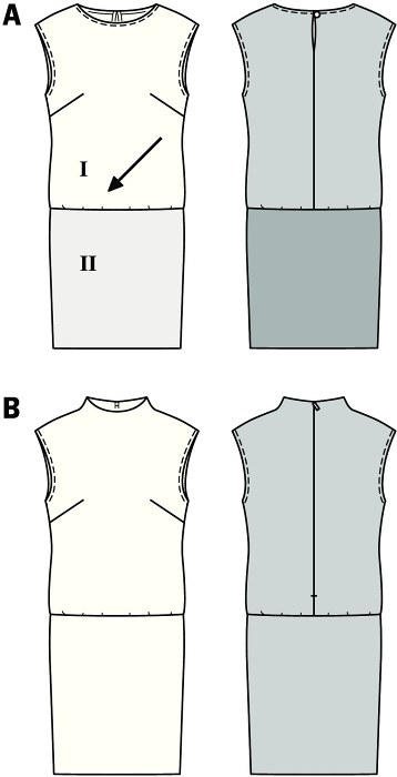 Narrow, sleeveless dresses with dropped shoulders, feminine cut with low-waist skirt. Variant A: mix of two different fabrics, top cut on the bias. Variant B: loose-fit, slightly raised neck.