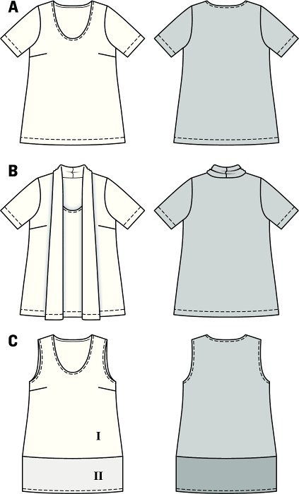 Loosely draping T-shirt with sleeves or top sewn from two different fabrics, covering the bottom. In case you prefer it well-dressed, choose variant B: top with integrated jacket with shawl collar gently envelopes the figure.