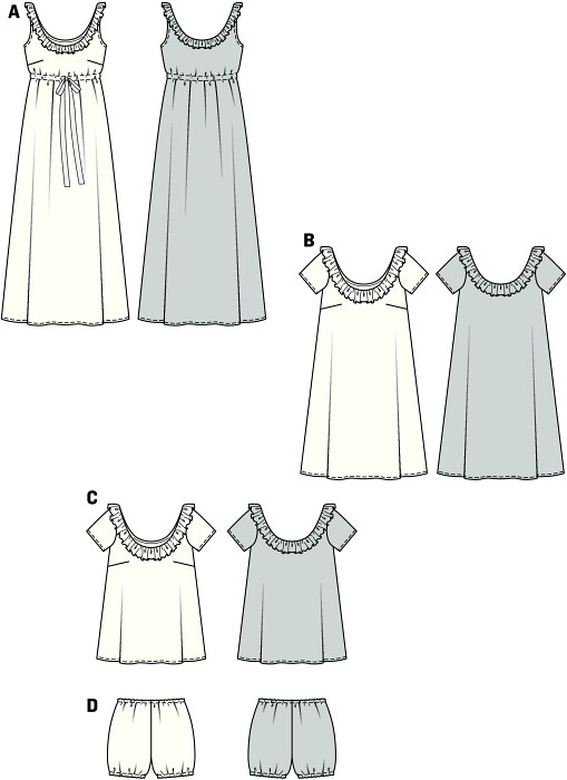 Marvelous ensemble with all the charms of the 50s: long, sleeveless night gown with elastic casing or shorter variant covering the knee, with short sleeves or cute baby doll with bloomers. Marvelous ensemble with all the charms of the 50s: long, sleeveless night gown with elastic casing or shorter variant covering the knee, with short sleeves or cute baby doll with bloomers.