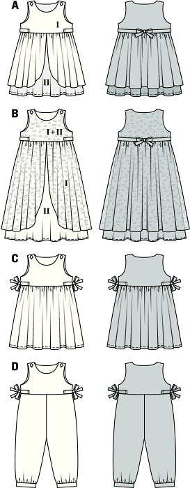 Dress in two different lengths, designed either formal or fanciful. Variant A and B: overskirt consisting of two halves, with bands tied to  a bow in the back. C with beautiful tiny side bow. The light jumpsuit with small waistband guarantees enough wearing ease and fun. All closed with a button at the shoulders.