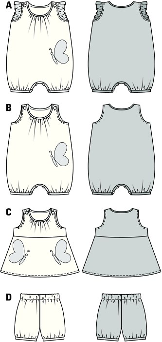 Cute coordinates for little rascals. Jumpsuit A and B, beautifully light and comfortable, closed with buttons at the shoulders, either plain with straps or fanciful with sleeve frill. Edged and gathered neck and legs. The panties matching the little dress complete the look. The appliqued butterflies are a nice eye-catcher.