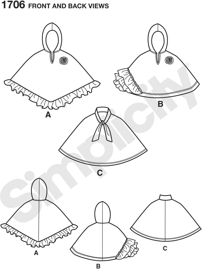 Childs pullover capes fashioned from easy to sew, non-raveling fleece fabric have hood or tie collar to keep out the wind. Fleece ruffles and flower embellishment make these capes as cute as they are cozy. Simplicity craft sewing pattern. Childs pullover capes fashioned from easy to sew, non-raveling fleece fabric have hood or tie collar to keep out the wind. Fleece ruffles and flower embellishment make these capes as cute as they are cozy. Simplicity craft sewing pattern.