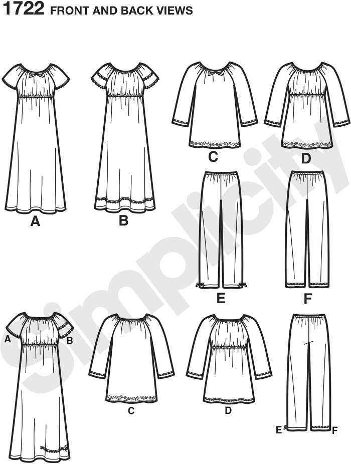 Simplicity´s Learn to Sew collection. Child´s and girls´ lounge dress top has elasticized neck, long or short raglan sleeves and trim variations, A, B and D have empire waist detail.  Pull on Trousers have elastic waist.