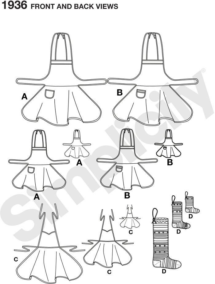 Childs and Misses aprons, aprons for 18" dolls and stocking ornaments in three sizes sewing pattern.