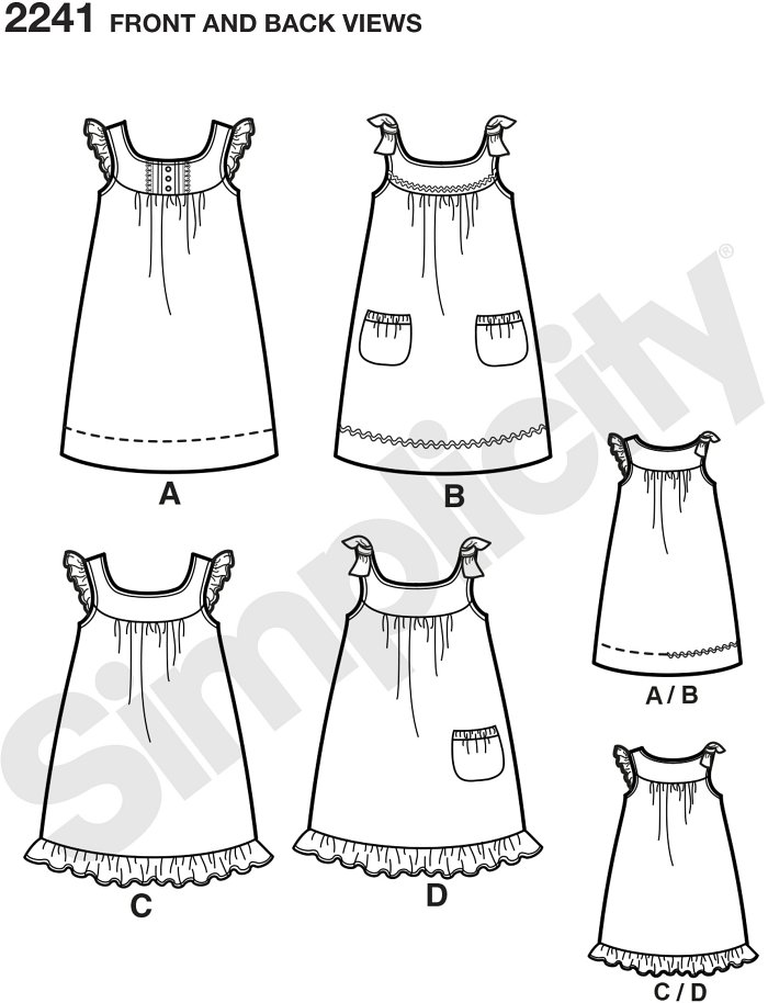 Simplicitys Learn to Sew pattern collection.  Childs and girls dress in two lengths.