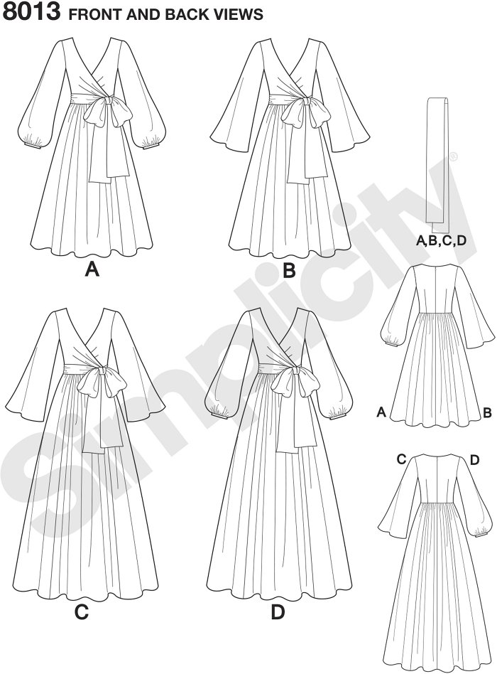 These nostalgic faux wrap front dresses from the 1970´s are a must have. Dresses can be made in two lengths, and are lined with either bishop or bell sleeve, and sash. Vintage Simplicity sewing pattern.