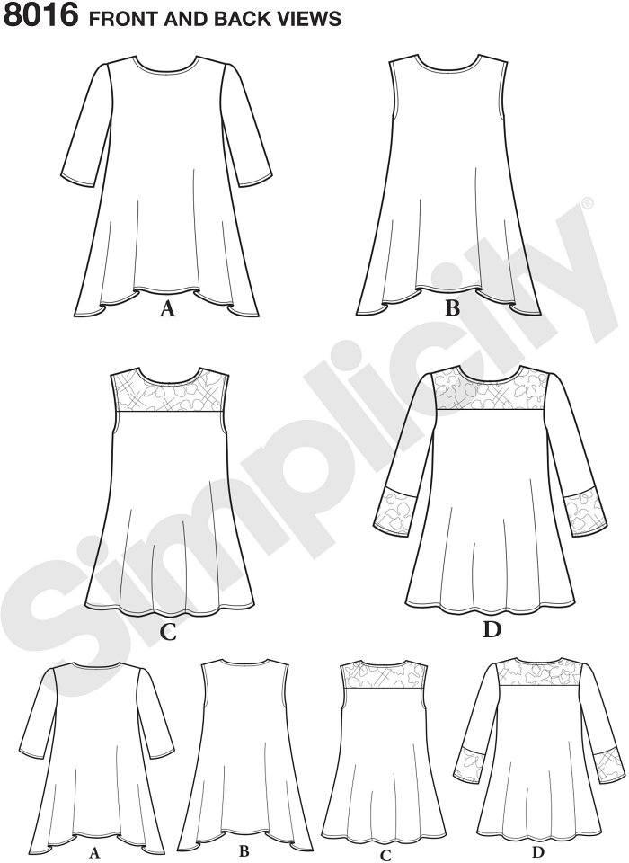 This easy to wear top pattern for misses can be high-low in knit or stretch lace with or without half sleeves. Top can also have lace yoke with optional 3/4 sleeves with lace band. Simplicity sewing pattern.