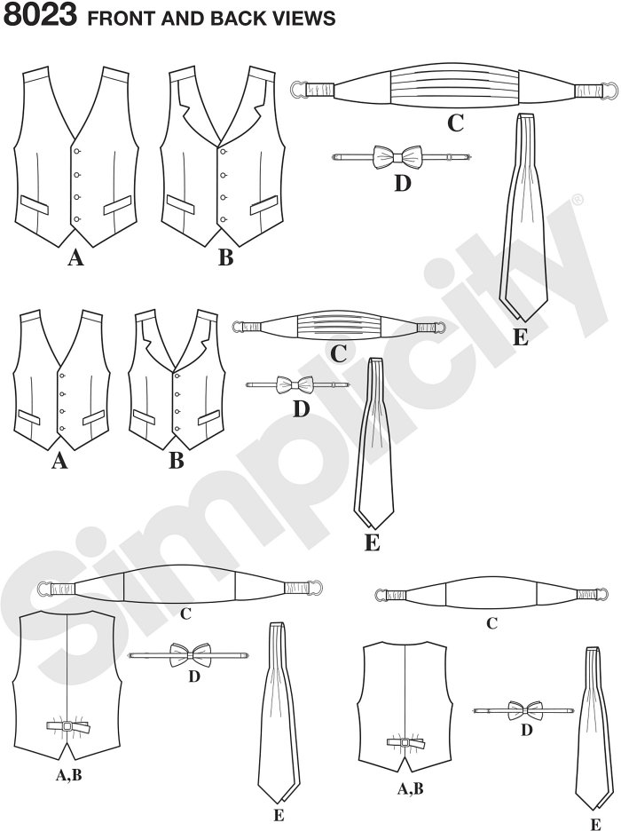Boys and mens special occasion accessories include lined vest with or without contrast lapels, cummerbund, bow-tie with back closure, and ascot. Simplicity sewing pattern.