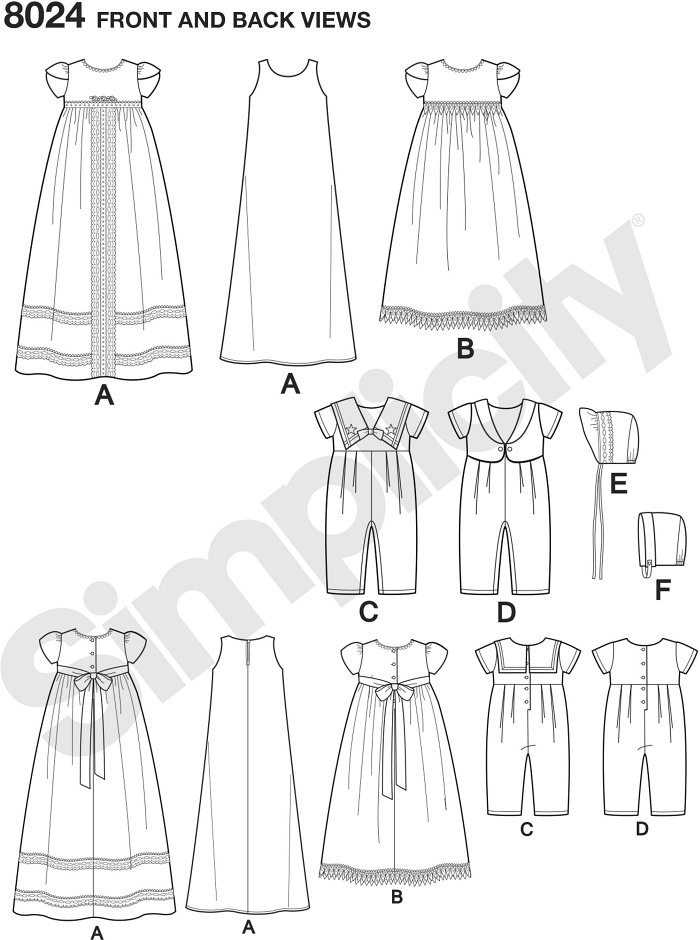 Keep tradition alive, or start a new tradition with these classic christening gowns and one piece suits. Bonnets in two styles also included in S(17"), M (18") and L(19"). Simplicity sewing pattern.