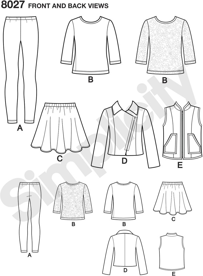 Get a variety of must have wardrobe pieces in this pattern for child and girl. Pattern includes, moto jacket, vest, 3/4 sleeve tee with lace option, skater skirt and pull on leggings. Simplicity sewing pattern.