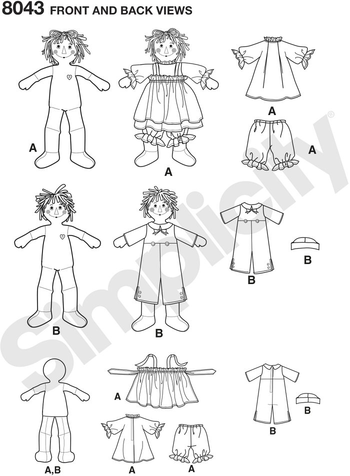 Simplicity Pattern Raggedy Ann and Andy Dolls in sizes 15", 26" and 36" also includes patterns for doll dress, pinafore, panties, overall and hat.