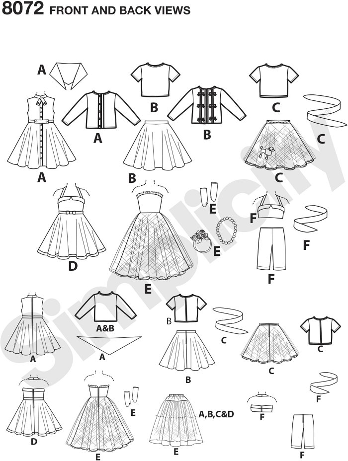 With this pattern for 18" dolls, you get an outfit for every occasion. Pattern includes dress in two styles, jumpsuit, skirt, top, cardigan and ball gown. Elaine Heigl Designs.