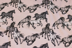 Delicate soft red cotton-jersey with ca. 8 cm grey horses