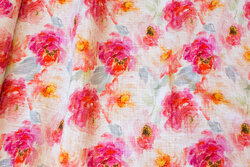 White, double woven cotton (gauze) with pink flowers