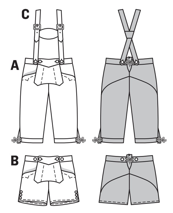Smart, traditional leather trousers, classic cut, with bib, typical embroidery and buttoned braces. The short variant for the summer, the knee breeches for the rest of the year. Smart, traditional leather trousers, classic cut, with bib, typical embroidery and buttoned braces. The short variant for the summer, the knee breeches for the rest of the year.