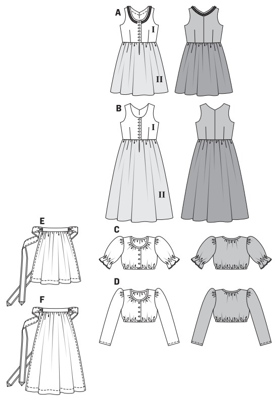 Smart dirndl in two different lengths and fabrics, with matching aprons. The blouse either with short puff sleeves or with long, slim sleeves.