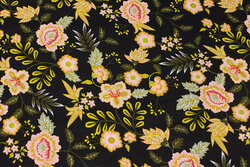 Black cotton with flowers in melon and soft red