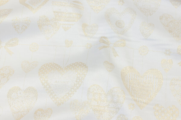 Off white table-cloth-satin with gold-hearts