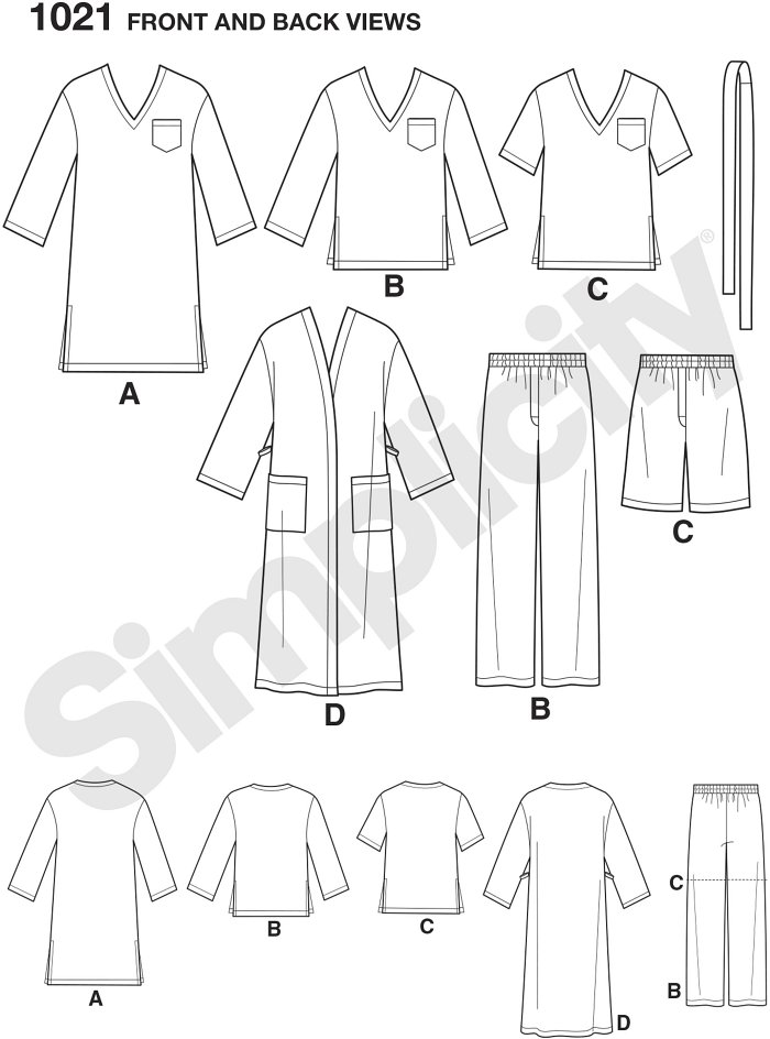 This easy to sew pajama pattern for men includes long robe, night shirt, pajama top with short or long sleeves and pocket plus pull on pj bottom long or short. Simplicity sewing pattern.