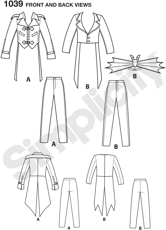 These great costumes for men are perfect for your next cosplay event, costume party, steampunk or comic book convention. Pattern includes jacket in two styles and Trousers with fly front opening. Arkivestry for Simplicity.