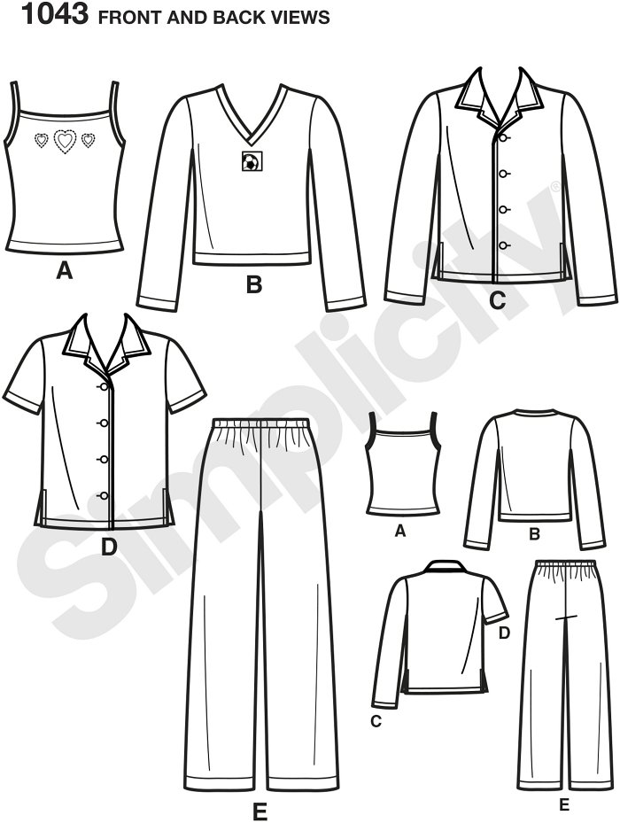 This pattern for children, girls and boys features pull on Trousers, button front shirt in short and long sleeve, long sleeve knit top, and tank top. Simplicity sewing pattern.