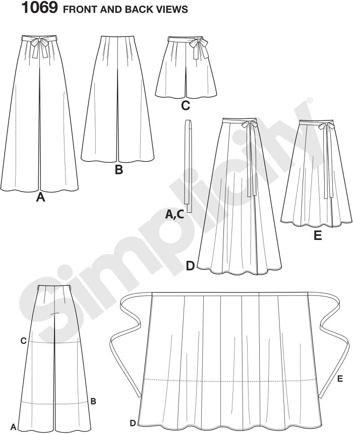 Misses wide leg Trousers can be full length with carriers and tie belt or cropped, or can be shorts with carriers and tie belt. All with back zipper. Real wrap skirt can be floor or midi length. Simplicity sewing pattern.