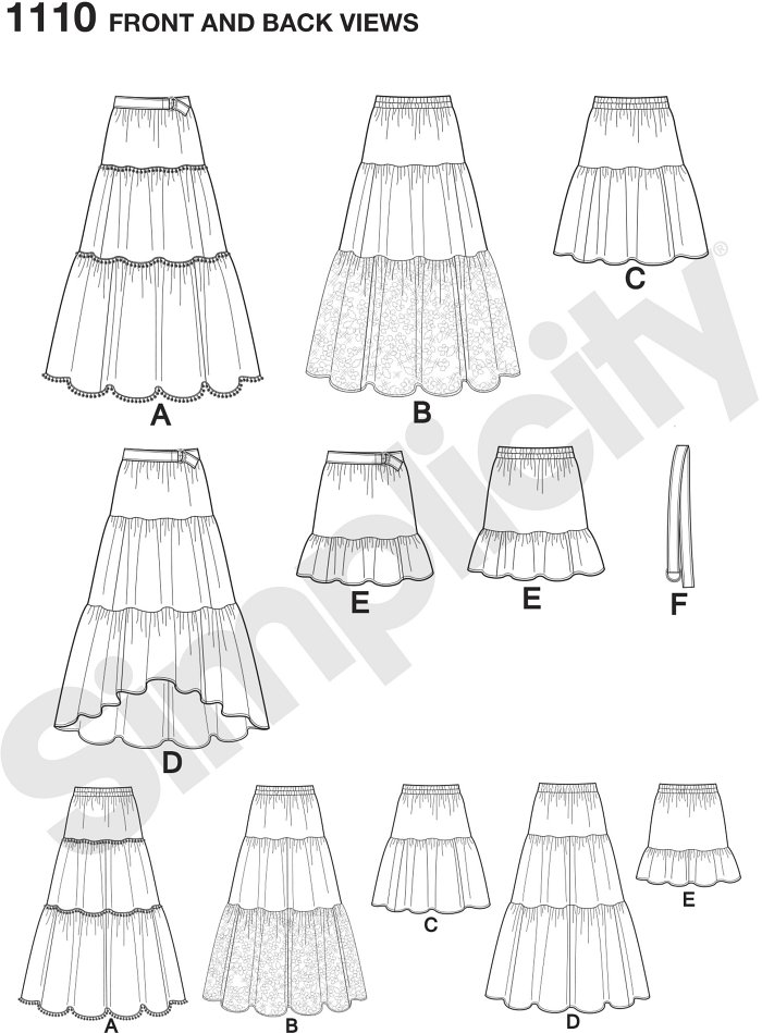 This Easy-to-Sew  skirt for misses´ can feature three tiers with yarn pom trim, lace overlay, or high low hemline, or two tiers in knee length or mini. Pattern also includes belt. Simplicity sewing pattern.