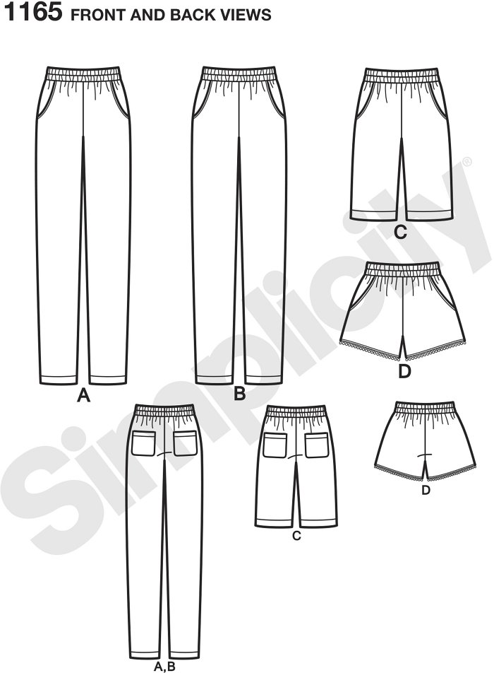 MissesÂ pull-on bottoms with pockets include slim Trousers cut lengthwise or crosswise, shorts that are just above the knee, and short shorts with trim. Simplicity sewing pattern.