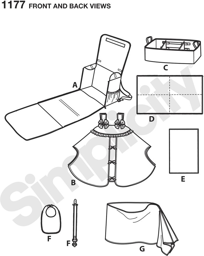 This great accessory pattern for babies includes a diaper backpack, carrier tent, organizer, play mat, burp cloth, bib, pacifier tether and knit nursing shawl. Shawl in one size fits most. Simplicity sewing pattern.