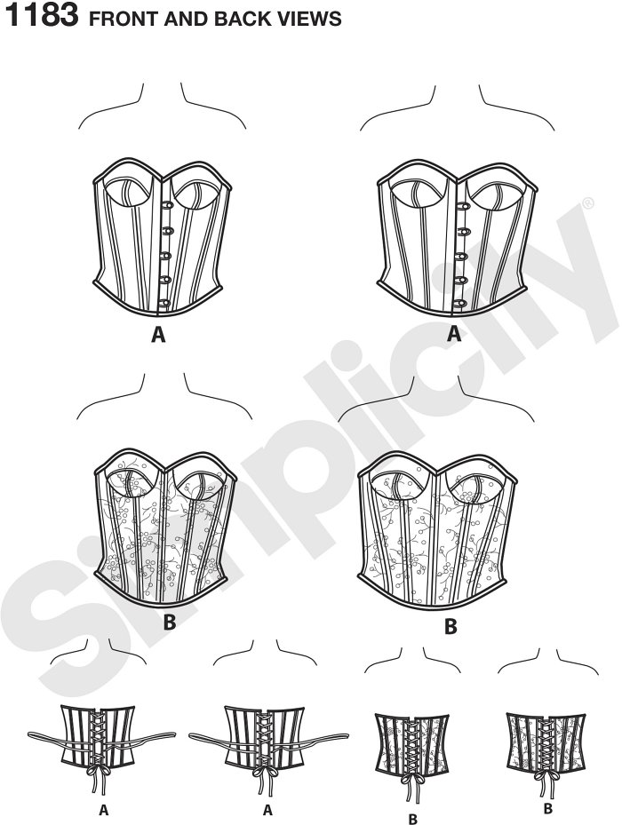 Get a great fit in this Amazing Fit corset in two styles, both with lace up backs. Pattern includes separate pattern pieces for B,C,D, and DD cup sizes for both miss and plus sizes. Simplicity sewing pattern.