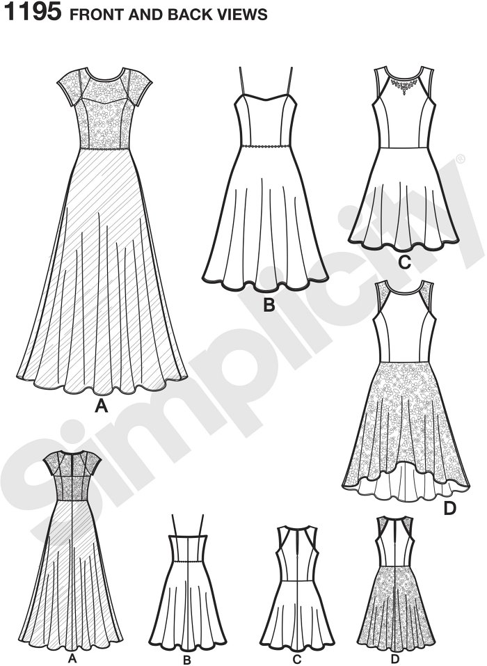 Misses´ Sew Stylish dress can be made floor length with bodice and skirt overlays, knee length with straps, and sleeveless about the knee or high low with contrast yoke and skirt overlay.