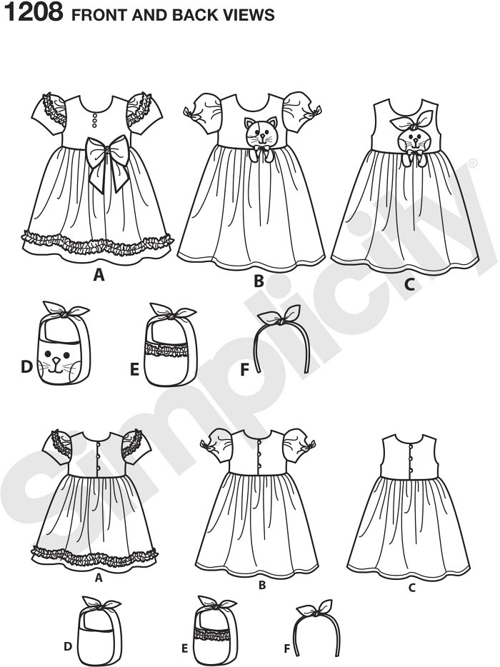 Your child will love these adorable dresses. Make a ruffle dress with bow, a dress with puff sleeve and kitty applique, and a sleeveless dress with bunny applique. Purses and headband also included. Ruby Jean´s Closet.
