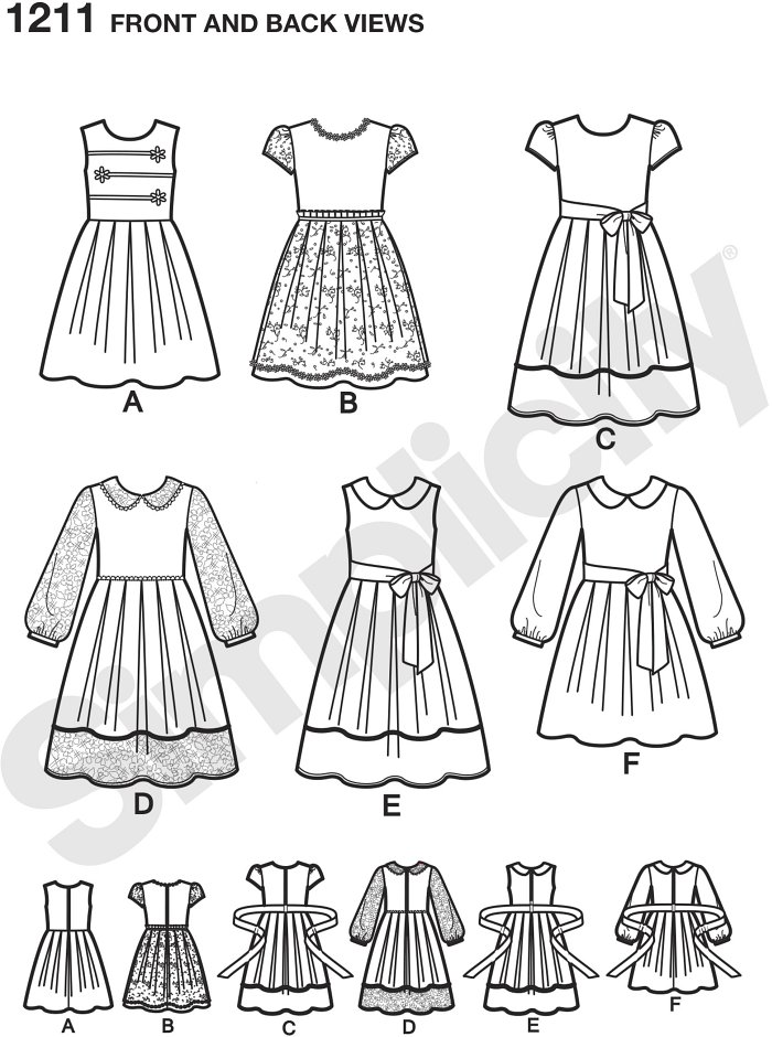 These decorative dresses for children and girls can be made in two length and features a variety of fabric and trim options so you can create the perfect dress for any occasion. Simplicity sewing pattern.