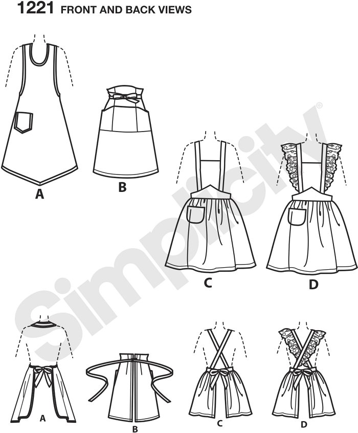 Vintage simplicity aprons will keep you stylish in the kitchen. Aprons can be made with halter top and pocket, with crossed back, pocket and option of eyelet, and waist apron with front tie and pockets.