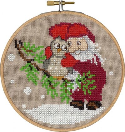 Santa claus and owl, christmas wall embroidery 