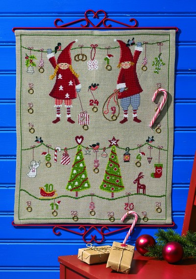 Christmas calendar in linen color with cute elfs, trees etc.