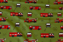 Moss-green cotton-jersey with ca. 7 cm fire trucks